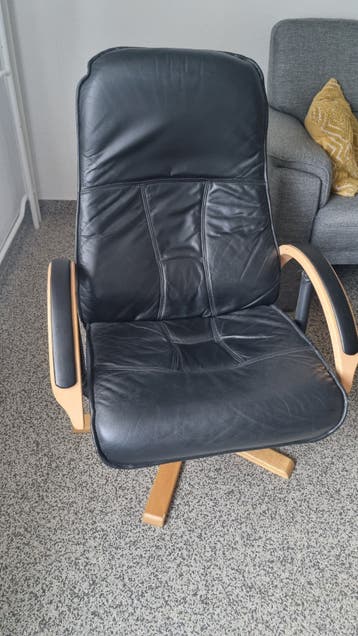 Verstelbare Fauteuil Zwart Leer Houten Onderstel