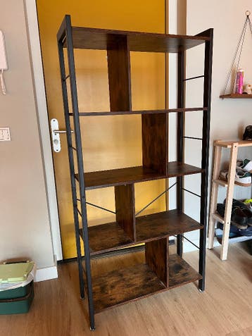 Dark Brown Wood & Matte Black Metal Shelving Unit