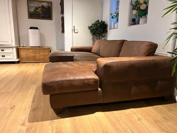 Leren Hoekbank met Longchair - Bruin
