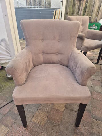 6 stuks beige stoffen eetkamerstoelen met armleuning