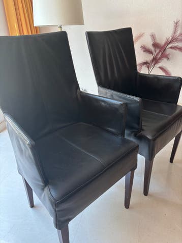 4 Eetkamer stoelen, bruinleer met eiken poten