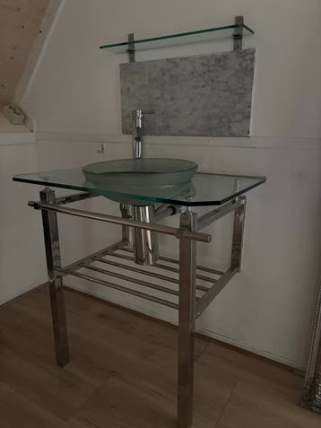 RVS wastafelmeubel met glazen blad en kom, incl. kraan