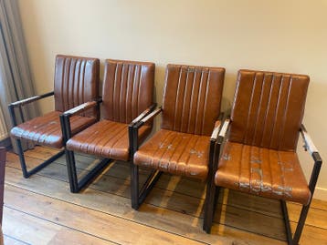 Set van 4 industriële eetkamerstoelen, bruin leer