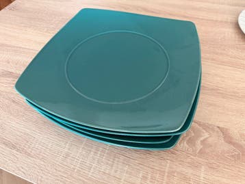 Set van 4 vierkante dinerborden, groen, Limoges Frankrijk