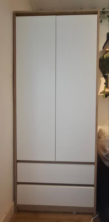 Witte kledingkast met houtlook, 2 deuren en 2 lades