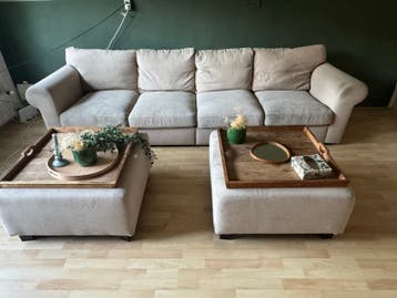 Comfortabele 4-zits bank met 2 poefs - Beige stof