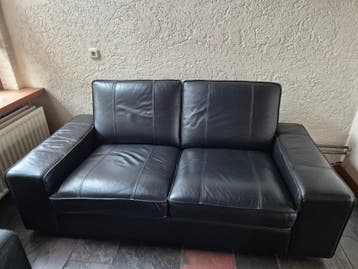 Zwarte leren bank en fauteuil - 2-zits en 1-zits