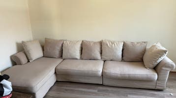 Grote beige hoekbank, 3,40m lang