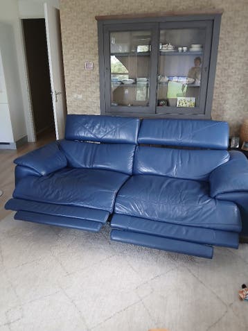 blauwe leren bank (2 delen)
