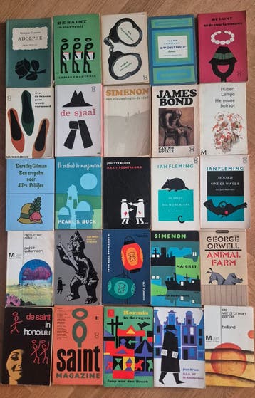Vintage boeken, diverse titels en genres.