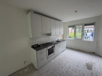 Compacte lichtgrijze Keuken met Inbouwapparatuur