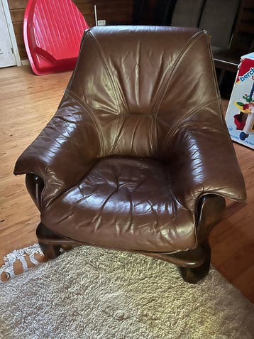 Leren fauteuil en bankstel, bruin, gebruikt