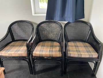 Set van 3 vintage rotan stoelen met ruitkussens