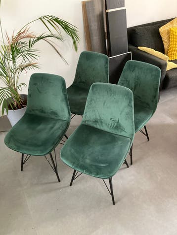 Set van 4 Groene Velours Eetkamerstoelen