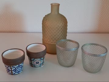 Glazen Vaas, 2 Glazen Waxinelichthouders en 2 Bloempotjes