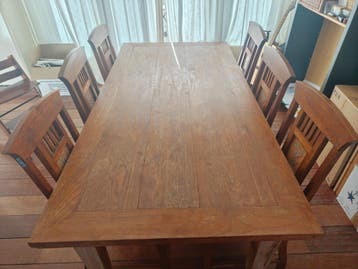 Vintage massief hout eettafel + 6 stoelen 100x200 cm