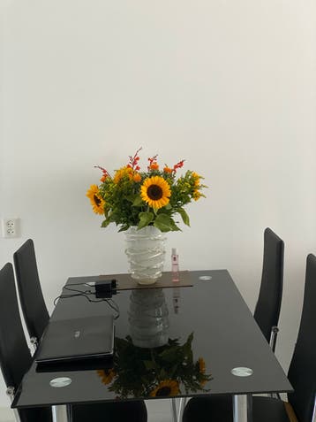 Glazen eettafel met metalen onderstel