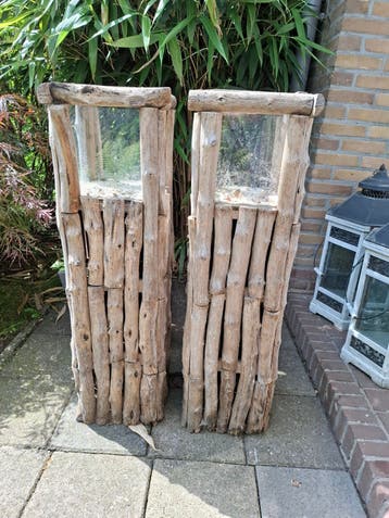 Set van 2 rustieke houten windlichten 1 meter hoog