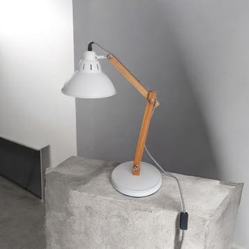 Moderne Tafellamp met Houten Arm en Witte Kap