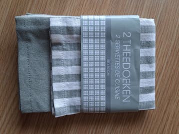 Set van 2 theedoeken, groen/wit gestreept en effen groen