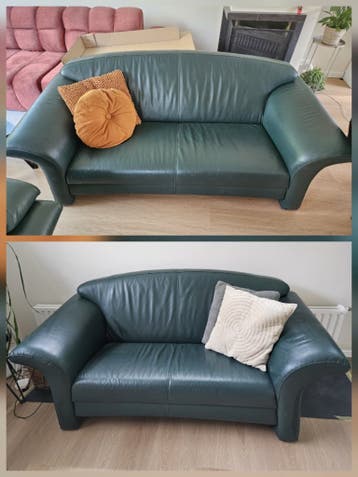 Twee vintage groene leren banken set van Montèl