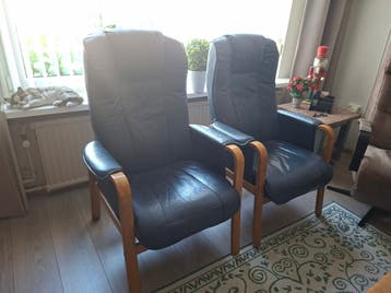 Twee comfortabele relaxfauteuils van leer en hout