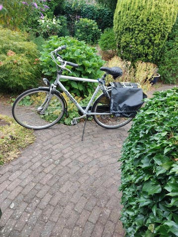 herenfiets met grote zijtassen