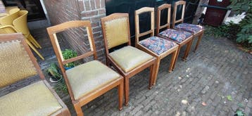 6 vintage eetkamerstoelen (jaren '20-'40) - stoffeerproject
