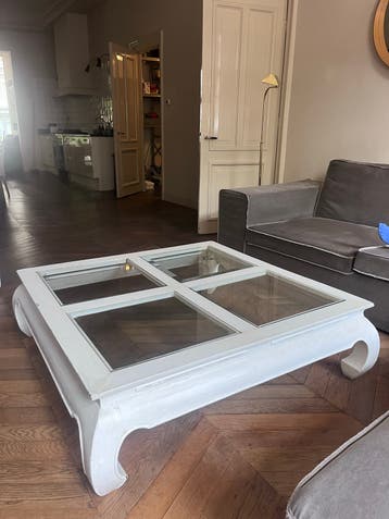 Houten opium salontafel met glasplaat - 120x120x35 cm