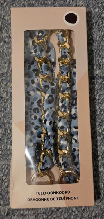 Telefoonkoord goud met blauw luipaardprint