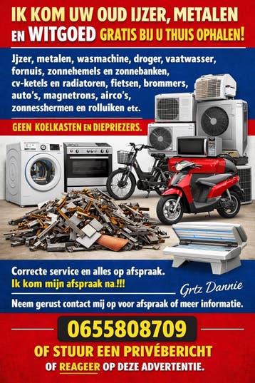 Gratis ophalen van oud ijzer, metalen en witgoed