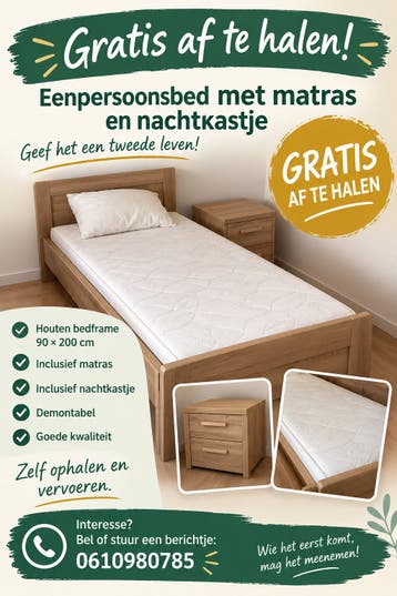 Eenpersoonsbed met matras en nachtkastje - Gratis af te hale