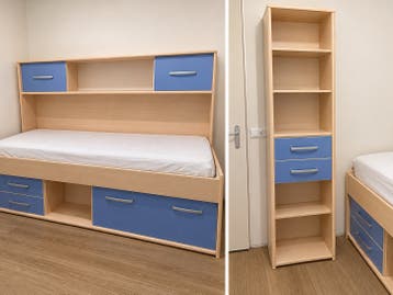 Eenpersoonsbed met opbergruimte en bijpassende kast