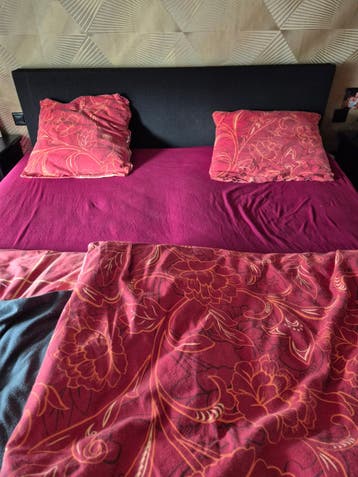 Tweepersoonsbed met hoofdbord en rood beddengoed