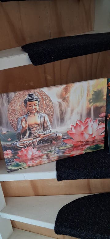 Set van 4 Boeddha schilderijen: 1 canvas, 3 metaal