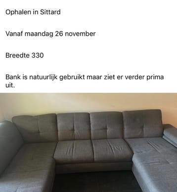 Grote hoekbank, 3.38m breed, gebruikt maar prima staat