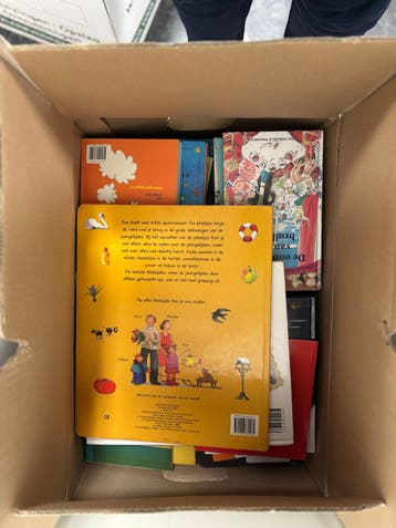 Grote doos vol diverse boeken: kinderboeken, romans, reisgid