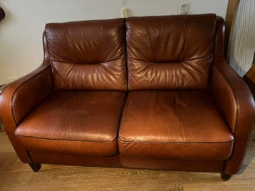 Tweezitsbank en 2 fauteuils bruin leer