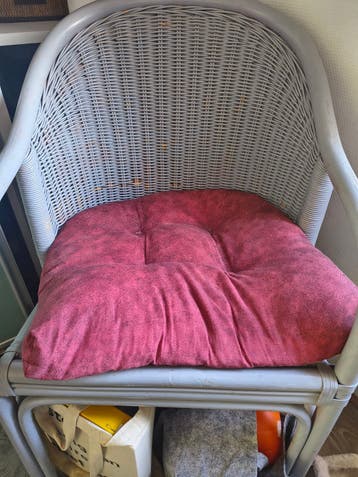 Rotan stoel met rood kussen