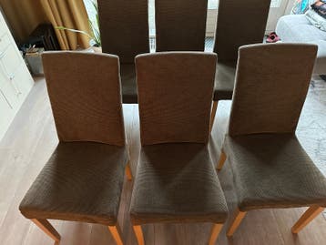 6 Eetkamerstoelen - Bruin/Grijs met Houten Poten
